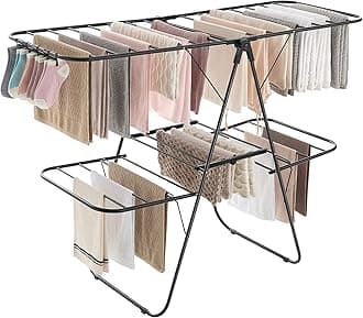 SONGMICS 2-Tier Foldable Clothes Drying Rack, Height-Adjustable Wings with Sock Clips, 33 Drying Bars, Black MLLR053B01V1