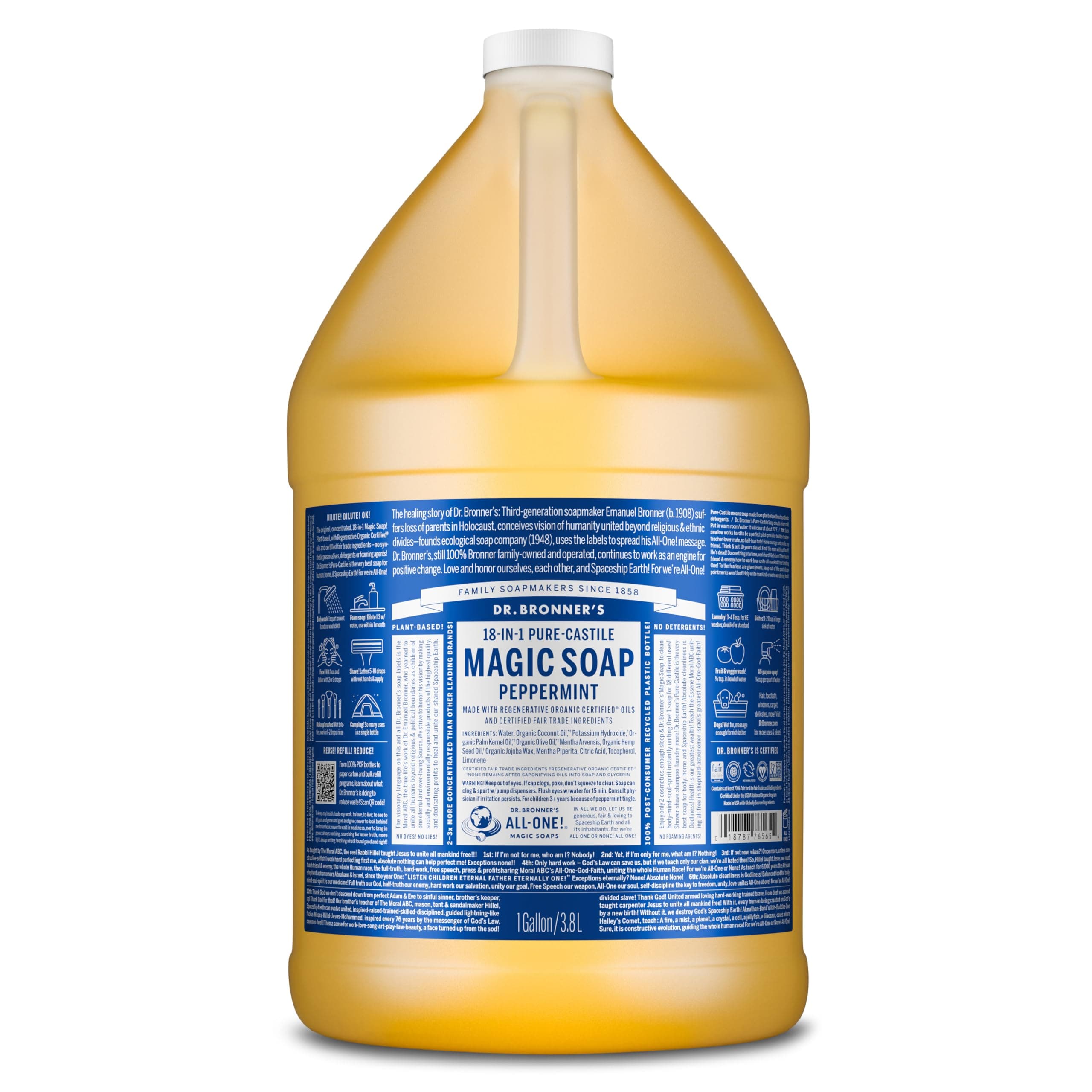 Pure-Castile Magic Soap Liquid (Peppermint, 1 Gallon) – Made with Regenerative Organic Certified Oils - For Face, Hair, Laundry, Dishes- Hand Soaps & Body Wash