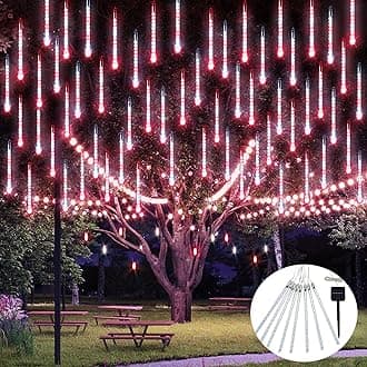 JMEXSUSS Red and White Solar Meteor Shower Rain Lights, 8 Tube 144 LED Solar Christmas Lights for Party Holiday Yard Patio Decorations