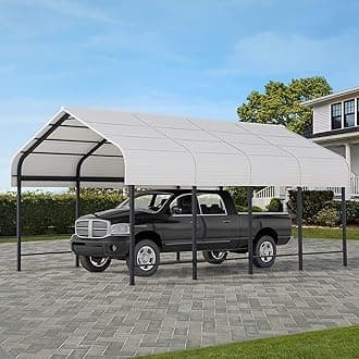 SUNJOY Carport 12 x 20 ft. Hardtop Gazebo, Heavy Duty Garage Car Shelter with Powder-Coated Steel/Aluminum Roof and Frame, Gambrel Roof Carport for Car, Boat, Trailer and Outdoor Equipment