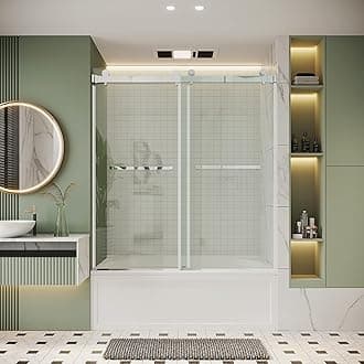 Frameless Bathtub Shower Door, 56"-61" W x 60 "H, Width Adjustable, SGCC Certified 3/8" (10 mm) Clear Tempered Glass, Dual Sliding Shower Door, Stainless Steel Chrome Finish DS01