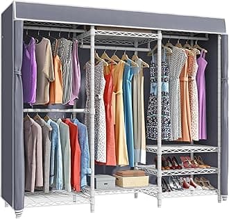 VIPEKV5C Portable Bedroom Armoires Wardrobe Closet with Cover, Heavy Duty Covered Clothes Rack Adjustable Closet Rack, White Metal Clothing Rack with Grey Oxford Fabric Cover, 70.1" Lx17.3 Wx76.4 H