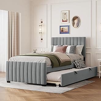Merax Twin Size Velvet Upholstered Platform Bed, Wood Bed Frame with Twin Size Trundle, Gray