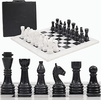 Radicaln Marble Chess Set with Storage Box 15 Inches White and Black Handmade 1 Chess Board with 32 Chess Pieces - Chess Game for 2 Player Board Games for Adults