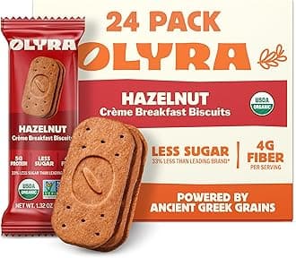 Olyra Hazelnut Cocoa Sandwich Breakfast Biscuits, Healthy Snacks for Adults and Kids, Low Sugar, High Fiber, Organic Vegan Cookies, with Ancient Greek Grains, USDA Certified Organic, Non GMO, 24 Packs
