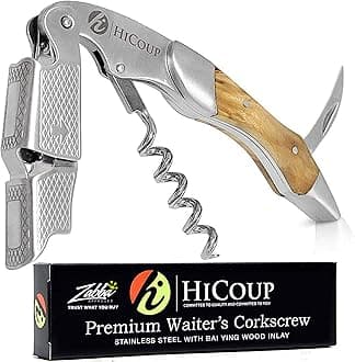 Hicoup Wine Opener - Professional Corkscrews for Wine Bottles w/Foil Cutter and Cap Remover - Manual Wine Key for Servers, Waiters, Bartenders and Home Use - Stainless Steel with Bai Ying Wood Inlay