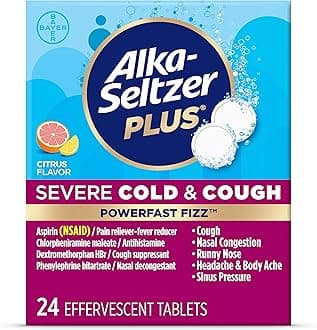 ALKA-SELTZER PLUSSevere,Cold & Cough Medicine for Adults,PowerFast Fizz Citrus Effervescent Tablets,Fast Relief of Headache,Sore Throat,Cough,Nasal & Sinus Congestion 24 Count, Packaging May Vary