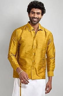 Vastramay Men's Silk Blend Ethnic Shirt | Full Sleeves South Indian Traditional Shirt | Festive, Wedding, Casual Wear