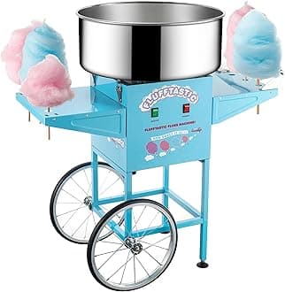 Cotton Candy Machine With Cart – 1000W Flufftastic Floss Maker With Stainless-Steel Pan, Side Trays, And 13in Wheels By Great Northern Popcorn (Blue)