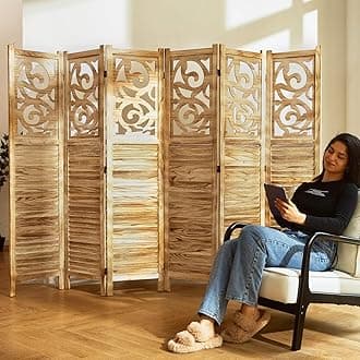 Room Divider Wood Carved Wall Divider Indoor Folding Portable Partition Screen for Home Office Garden Terrace - 6 Panel, 67 * 90inch (Wood)