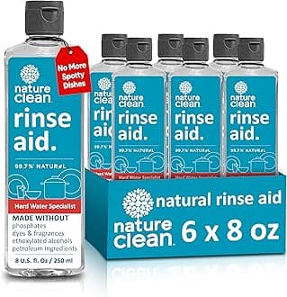 Nature CleanNatural Dishwasher Rinse Aid Liquid & Drying Agent 6-pack x 8 oz/250ml. Eco-Friendly Non-Toxic Plant-Based Ingredients, Fragrance-Free. High-Efficiency Hard Water Stain Remover for Glass.