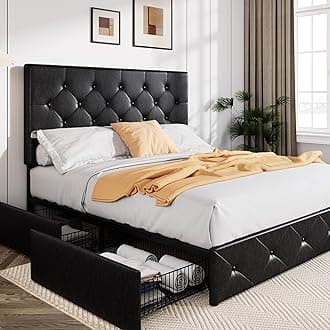 Allewie Upholstered Full Size Platform Bed Frame with 4 Storage Drawers and Headboard, Diamond Stitched Button Tufted, Mattress Foundation with Wooden Slats Support, No Box Spring Needed, Black