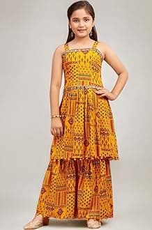 Aarika Girls Ethnic Wear Black Colour Printed/Mirror Lace Polyester Kurti Sharara Set