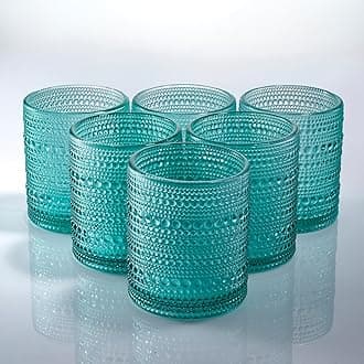 6-pack Hobnail Drinking Glasses, 10 oz Thick Modern Glass Tumbler, Double Old Fashion Glass, Vintage Bubble Glassware (Lake Green)