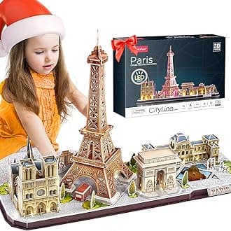 CubicFun 3D Puzzle Christmas Decorations LED Paris Architecture Model Kit for Children and Adults, Eiffel Tower, Notre Dame de Paris, Louvre, Arc de Triomphe, 115 Pieces
