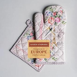Maison d' Hermine 100% Cotton Oven Mitt & Pot Holder Set (19 x 33 cm & 20 x 20cm) Heat Resistant BBQ Cooking Gloves with Loop, Baking, Grilling, Handling Hot Pans Spring/Summer (Champ De Mars)