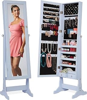Best Choice Products Freestanding Jewelry Armoire Cabinet, Full Length Standing Mirror, Lockable Makeup Storage Organizer, w/Velvet Lining, 3 Angles, Lock, Accessory Pouch, 5 Shelves - Powder Blue