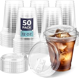 Fit Meal Prep 12 oz Clear Plastic Drinking Cups, 50 Pack, BPA Free, Leak Proof, Disposable Cups with Sip Lids for Iced Coffee, Smoothies, Soda, Party Drinks, Bubble Tea, Cold Beverage