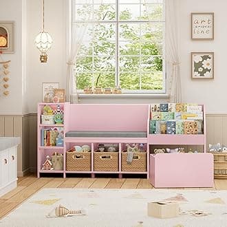 HOSTACK 67" W Kids Reading Nook with Toy Storage Organizer, Large Kids Bookshelf with Toy Storage Box on Wheels, Big Kid Bookcase with Bench and 6 Open Cubbies for Playroom, Kid Room, Pink