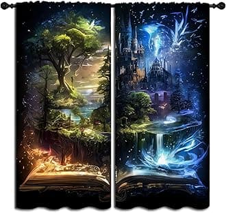 LHROOMJK Magic Castle Blackout Curtains for Boys Girl Bedroom Decor,Blue Aurora Mysterious Anime Style Thermal Insulated Rod Pocket Drapes Darkening Window Curtain for Living Room Home 84x63 inch