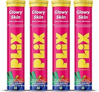 PLIX - The Plant FIX Glutathione Skin Glow 60 Effervescent Tablets 500mg for Clear and Youthful Skin | Vitamin E Reduces Pigmentation, Fades Dark Spots, Hydrates Skin | Pack of 4, Strawberry Flavour