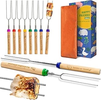 CARPATHEN Marshmallow Roasting Sticks Campfire - Set of 8pcs Smores Sticks With Beautifully Engraved Handles with Animals - Perfect as a Gift - Telescoping Stainless Steel Hot Dog Sticks Skewers