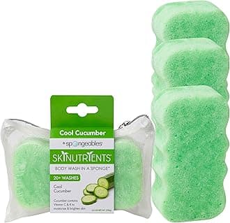 Spongeable skinutrients Moisturizing Body, Wash in a Sponge With Bonus Travel Bag, 20+ Washes, Cucumber, 3 Count