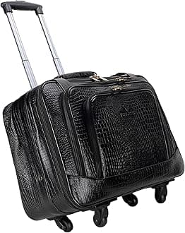 Steve Johnson Pure Leather 20-Inch Cabin Trolley Bag with Laptop Compartment - 4-Wheel Small Trolley Suitcase for Travel - Professional Cabin Luggage (Black Croco)