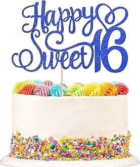 Happy Sweet 16 Cake Topper - Glitter Hello 16 Cheers to 16 Years Cake Pick - 16th Birthday Cake Decoration for Anniversary Party Supplies (Deep Blue, 1 PCS)