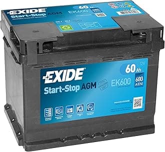 Car Battery EK600 12AV 60AH AGM Exide Start Stop,black,Large