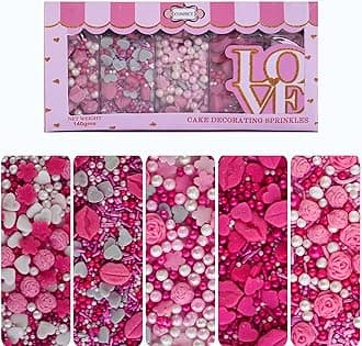 Pink Mini Roses, Silver Hearts, Vermicelli & White Pearls - Vegan, Gluten-Free, Nut-Free, Soy-Free, Dairy-Free Cake & Baking Sprinkles - Perfect for Anniversaries & Special Occasions - 140 Gms
