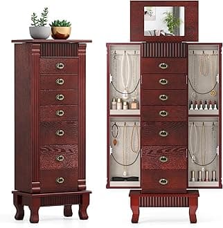 Giantex Standing Jewelry Cabinet with 7 Drawers, Flip-Top Mirror, 2 Side Doors with 12 Necklace Hooks, Divided Ring Compartments, Velvet-Lined Jewelry Armoire Organizer Chest (Cherry)