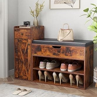 Loomie Shoe Storage Bench, 2-Tier Farmhouse Entryway Bench with Lift Top Storage Box, Drawer & Soft Removable Seat Cushion, Silm Shoe Rack with Shoe Cabinet for Entryway,Hallway,Bedroom,Vintage Brown