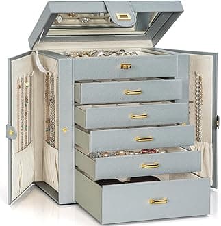 AKOZLIN Extra Large 6-Tier Jewelry Box Organizer Functional Huge, 5 Drawers Leather Jewelry Storage Case Grey