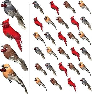 Feathered Song Bird Clip-On Ornaments - Set of 32 Assorted Styles of Birds with Metal Clips - Cardinals, Orioles, Finches and Chickadees Carrying Red Berries - Approximately 4" W