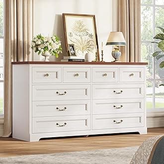 Hasuit Farmhouse 10 Drawer Dresser for Bedroom, 55.1" Wide Dressers Chest of Drawers, Rustic Wood Storage Cabinet with Deep Drawers and Vintage Handle, Large White Dresser for Bedroom, Closet, Hallway