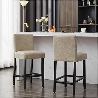 26'' Faux Leather Bar Stools Set of 2, Modern Upholstered Bar Height Bar Chairs, Soild Wood Legs Barstools with Back, Beige