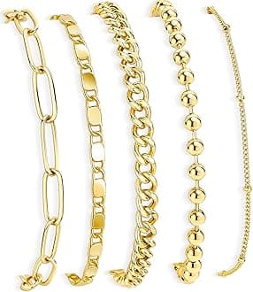 Gold Bracelets Set for Women Stack, Dainty Thick Bracelets Stack for Women Trendy, Simple Thin Gold Plated Cuff Stackable Bracelets With Beaded Cuban Paperclip Snake Rope Bangle Hand Chain Jewelry