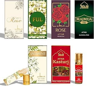 Dukhni Floral Attar Oil Set | Authentic Arabic Fragrance Oils | 100% Pure, Alcohol-Free Halal Blends | Majmua 786, Jasmine, Rose, White Rose, Kasturi XX, Attar Ful - 6ml each