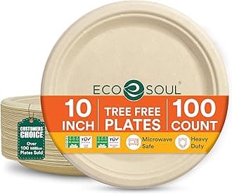 Eco Soul | Disposable Bagasse Plates | 10 inch - Pack of 100 | Disposable Plates Big Size in Bulk for Holi Party & Gatherings | Plastic-Free, Tree-Free, Microwave Safe, Leak-Resistant