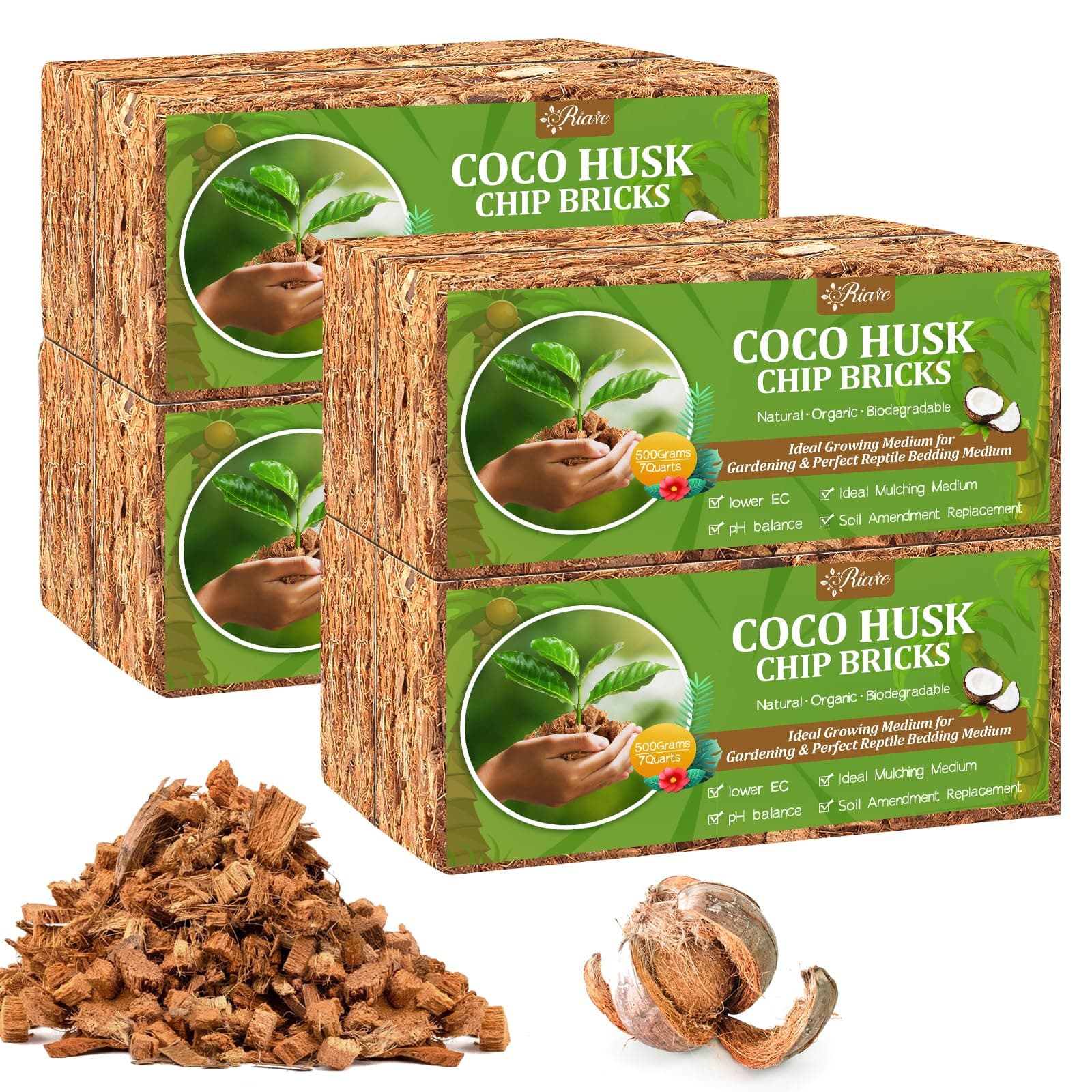 Riare 8 Pack Coco Chips Substrate for Plants- 8.8lb 100% Organic Coconut Husk Brick with Low EC and pH Balanced, High Expansion Coconut Substrate Coco Husk Mulch for Garden Flowers, Herbs, Planting