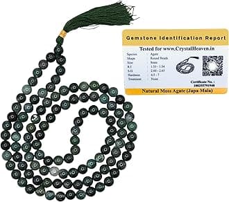 Moss Agate Crystal Japa Mala Saadi - 108 Beads Buddhist Prayer Beads - AAA Grade Original Healing Gemstone Agate Mala for Yoga Meditation Spiritual Reiki Feng Shui