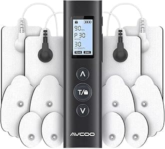 AVCOO 30 Modes TENS EMS Unit Compact Muscle Stimulator for Pain Relief of Back, Shoulder, Neck, Rechargeable & Portable Dual Channel EMS Muscle Stimulator with 30 Intensity Levels, 12 Electrode Pads