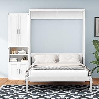 SOFTSEA Queen Size Murphy Bed with Side Cabinet, 68 inch Murphy Bed with Desk Combo, Wood Foldable Wall Bed, Wall Bed Frame for Guestroom Study Room Bedroom Home Office, White