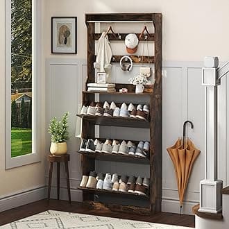 Shoe Cabinet for Entryway with 3 Flip Drawers, Brown Tall Wood Shoe Storage Cabinet with Coat Rack, Narrow Hidden Slim Freestanding Shoe Rack Organizer, 2 in 1 Hall Tree for Living Room, Hallway