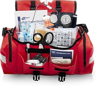MFASCO First Aid Kit - Fully Stocked Portable Reflective Bag -First Responder Emergency Response Kit -for Natural Disaster Preparedness - Customizable Storage -Includes 415 Pcs First Aid Supplies- Red