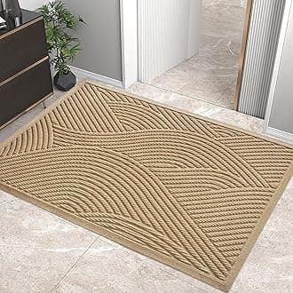 Sturdy Front Door Mat, Absorbent Muddy Dirt Resist Welcome Door Mats Outdoor Indoor, Stain and Fade Resistant, Non-Slip Backing Entry Mat Low Profile Doormat for Entryway, 47×32, Beige