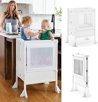 Contemporary Double Kitchen Helper® Stool - White: Extra-Wide Foldable Safety Tower for Two Toddlers; Adjustable Height, Wooden Counter Step Stool | Little Kids Learning Furniture