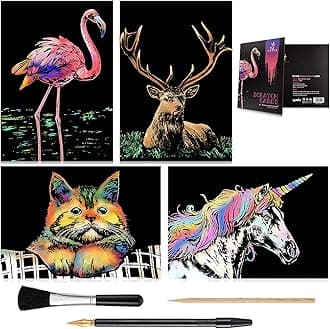(Gentle Animal) - Rainbow Scratch Art Painting Paper (A4) for Kids & Adults, Night View Scratchboard, Art & Craft, Engraving Art Set: 4 Sheets Scratch Cards & Drawing Pen, Clean Brush (Unicorn/Flam...