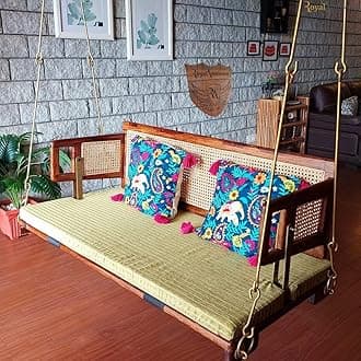 Wooden Swing For Home, Reversible Cane Jhula With Brass Coated Chain (Sheesham Wood) -Ovi, 132 CM, 58 CM, 45 Cm